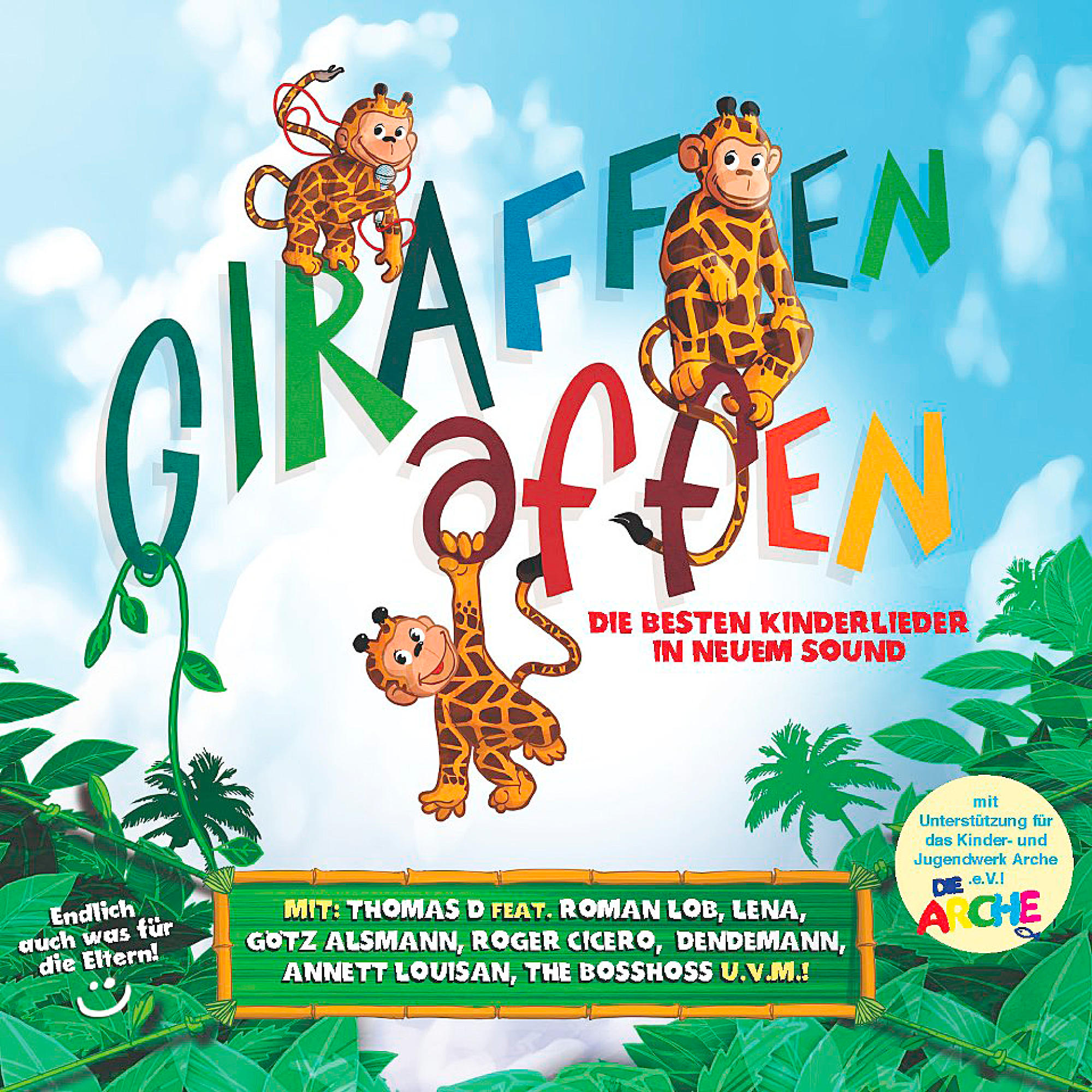 Albumcover mit Giraffenaffen-Cartoonfiguren und Schriftzug in mehreren Farben.