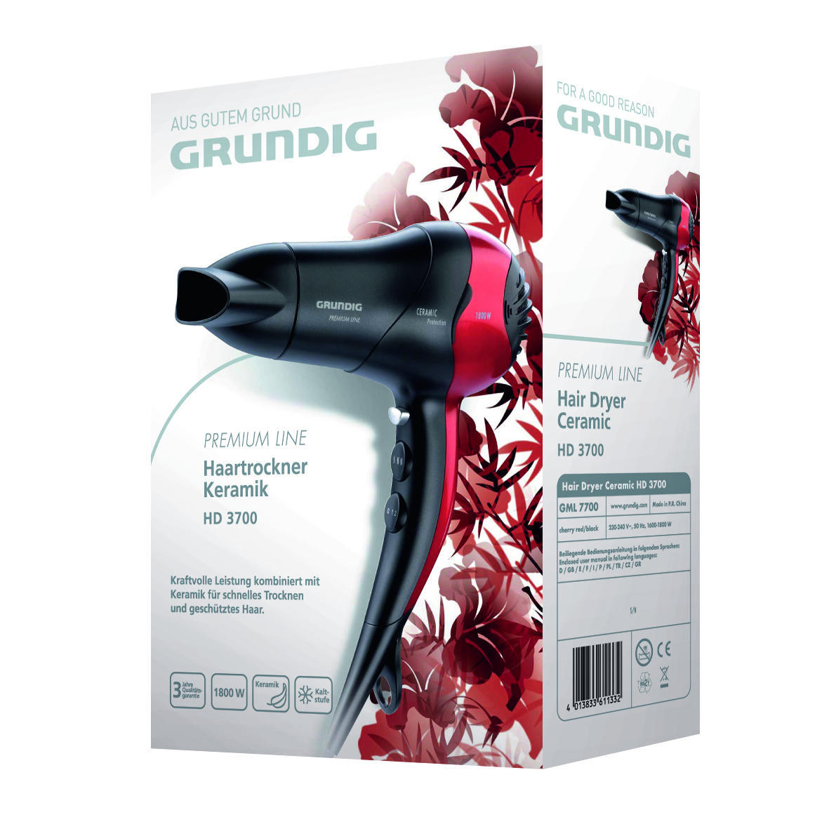Ein Grundig Haartrockner Karton mit einer rot-schwarzen Haartrockner-Illustration.