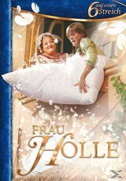 Frau Holle Filmcover. Zwei Frauen sind in einem weißen Kissen. Goldener Text.