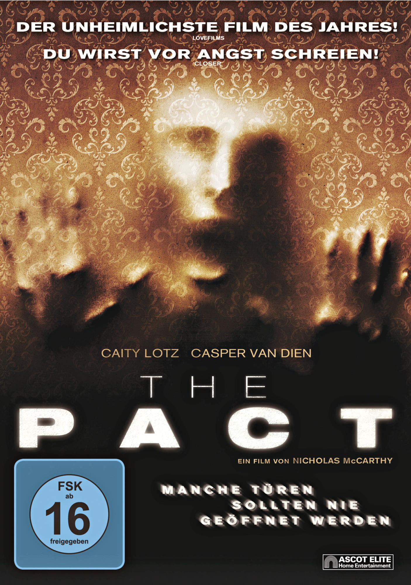 Filmposter von 'The Pact' mit Geistergesicht, Händen und Text. Unten ein Bewertungssymbol.