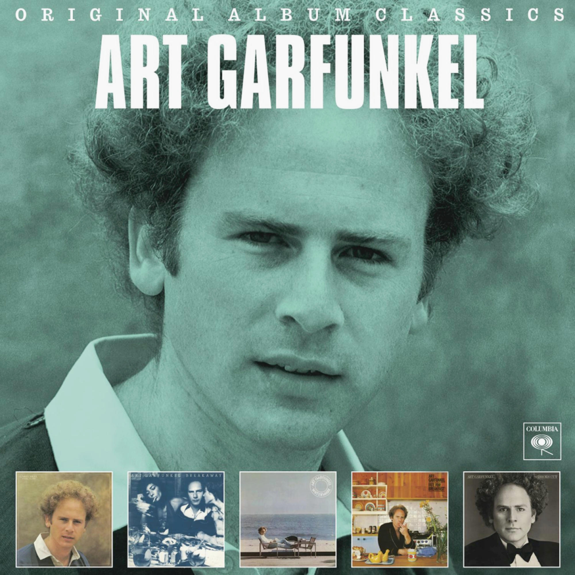 Art Garfunkel Albumcover. Gesicht eines Mannes, verschiedene Albumcover im Hintergrund. Text: Art Garfunkel, Original Album Classics.