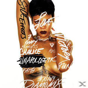 Rihanna-Albumcover. Sie ist oben ohne, mit Worten auf ihrem Körper. Weißer Hintergrund.