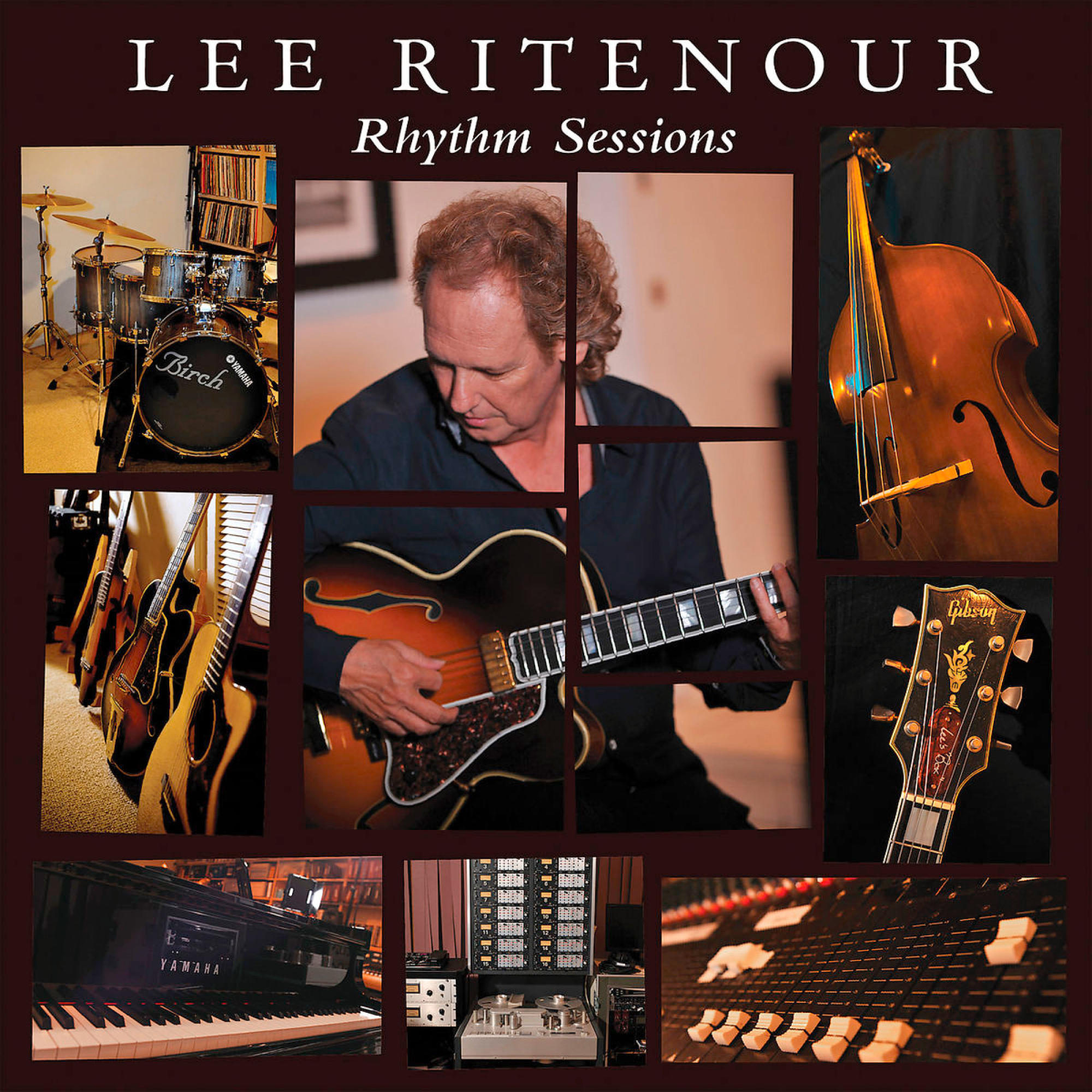 Lee Ritenour spielt Gitarre, Instrumente und Studio-Setup in einem Raster.