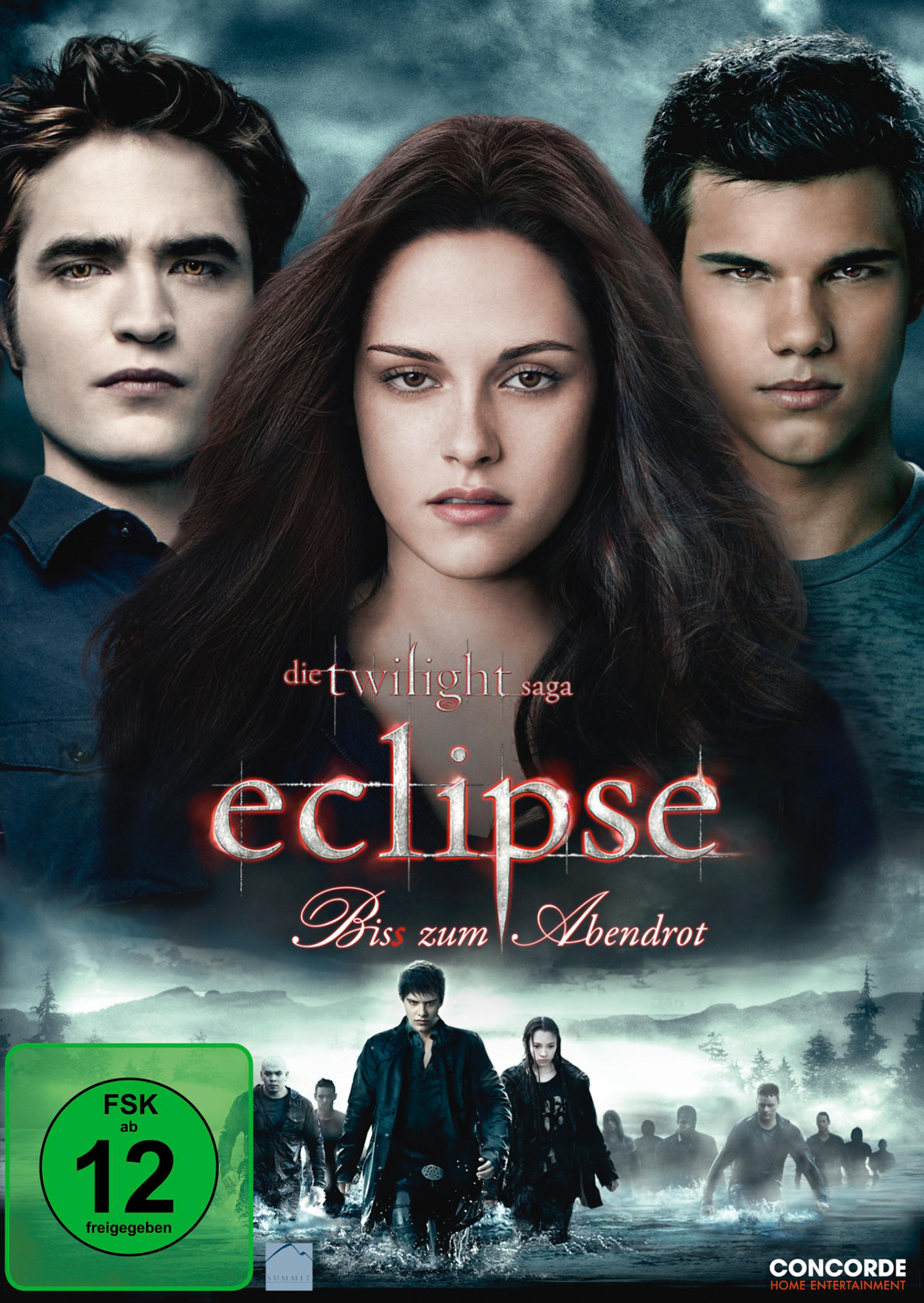 Filmposter: 'Twilight Saga: Eclipse', mit Bella, Edward und Jacob. Dunkle Bilder.