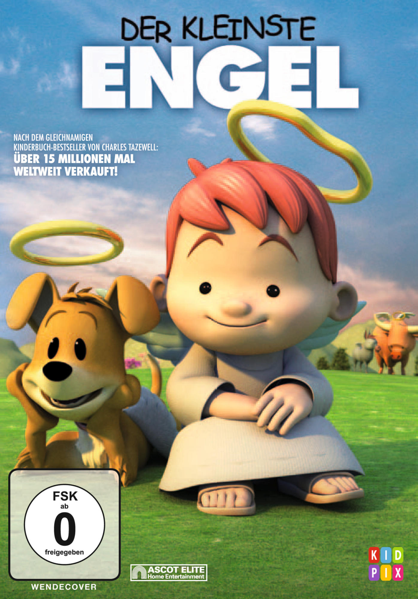 DVD-Cover mit einem animierten Engel und Hund. Text lautet 'Der Kleinste Engel' und 'Kid Pix'-Logo.