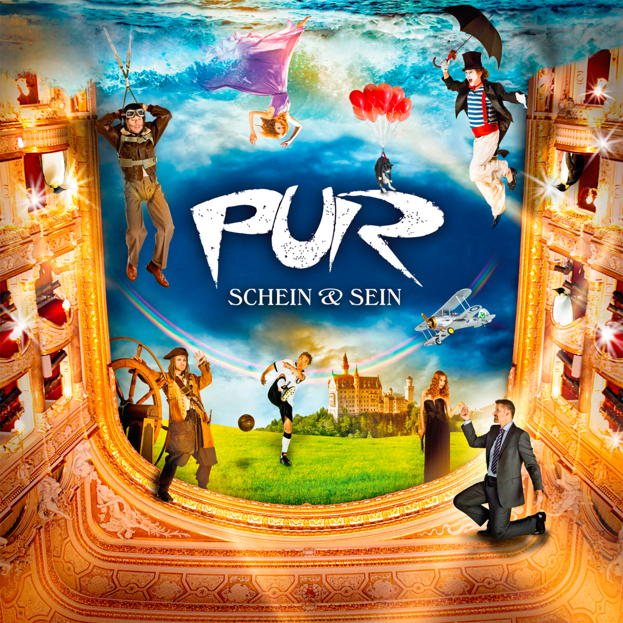 Albumcover: Viele Figuren in einer surrealen Szene mit dem Bandnamen 'Pur' und dem Titel 'Schein & Sein'.