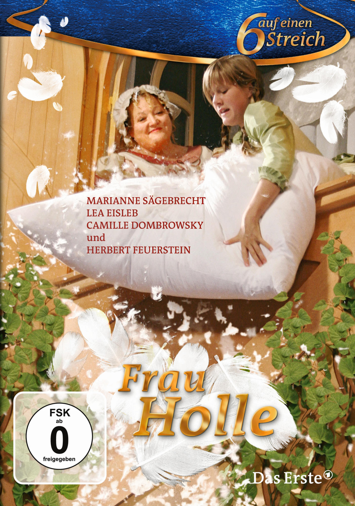 Filmcover, zwei Frauen in einem Kissen, Federn schweben. Text: Frau Holle, mit den Namen der Darsteller.