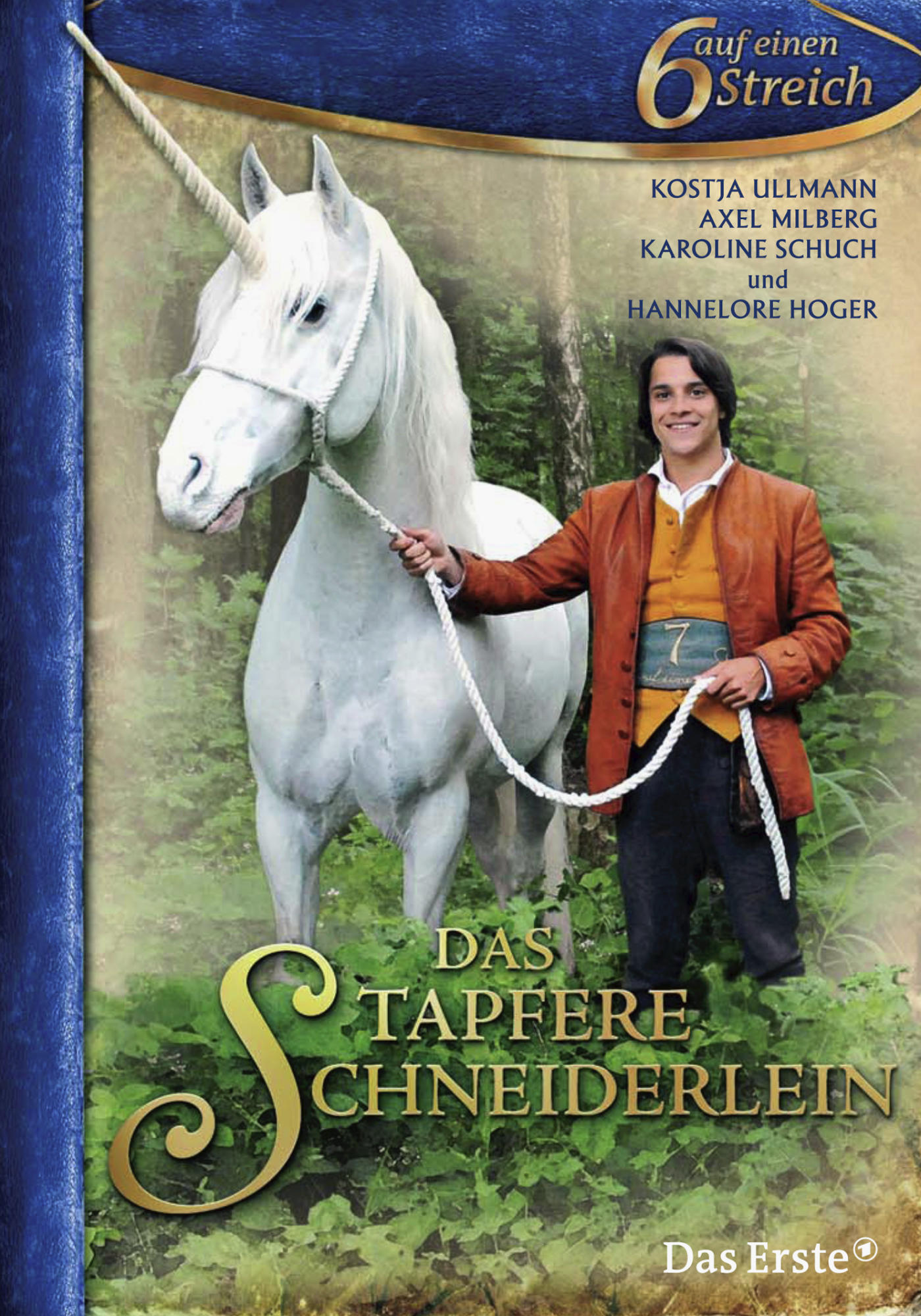 DVD-Cover mit einem Mann und einem weißen Einhorn. Titel auf Deutsch: Das tapfere Schneiderlein.