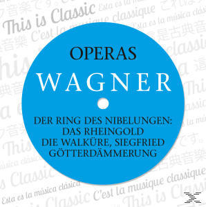 Blaue Disc mit weißem Text 'OPERAS WAGNER' und Text über Opern.