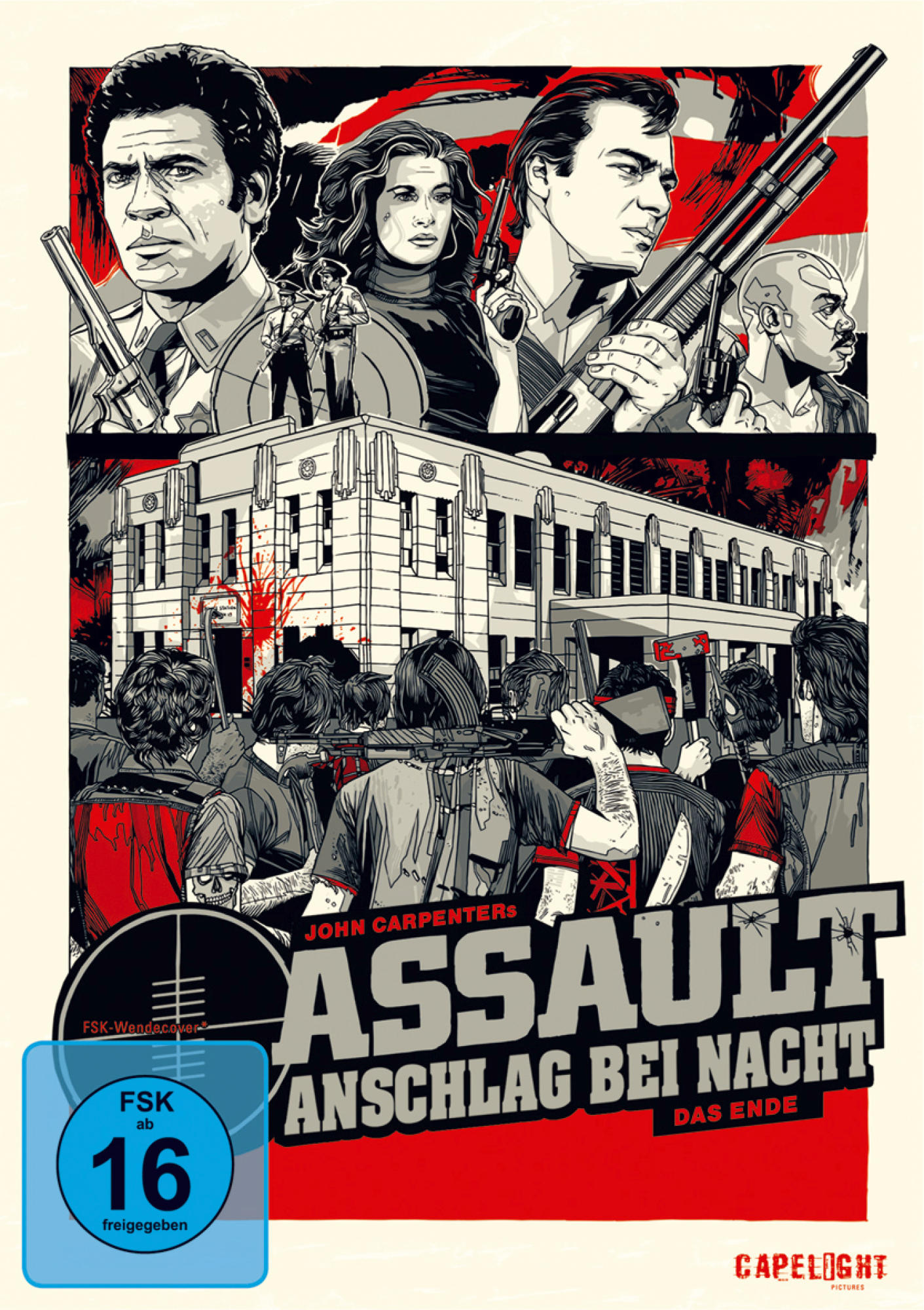 Filmplakat: Actionszene mit Figuren, Waffen und Text, blaue und rote Farbtöne.