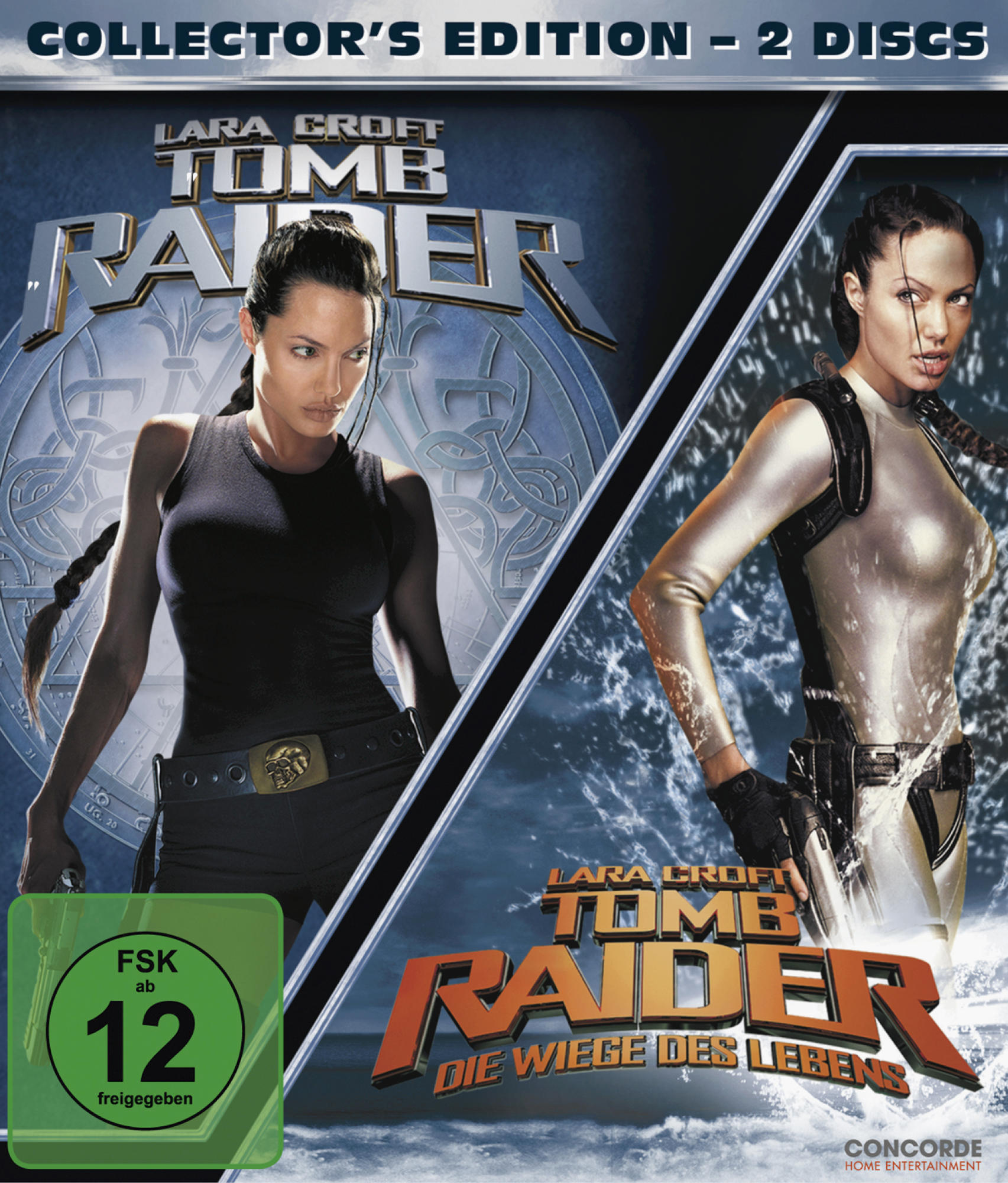 Lara Croft Tomb Raider Filmcover, Angelina Jolie an den Seiten, FSK 12 Logo, doppeltes Artwork.