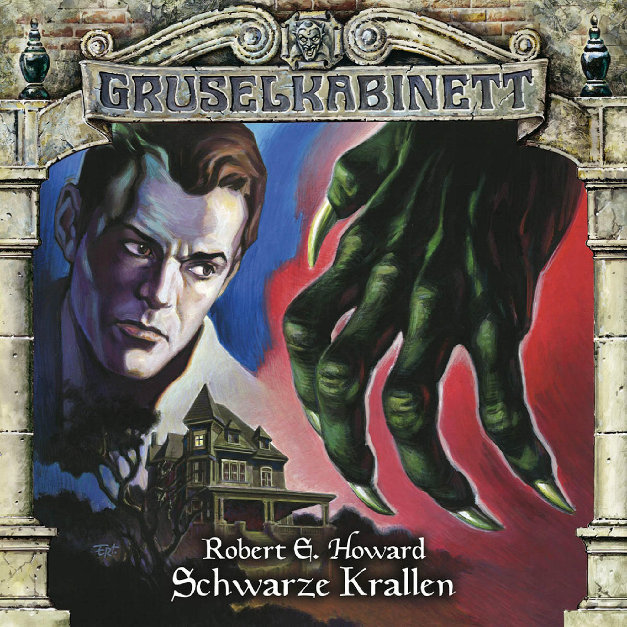 Gruselkabinett-Buchcover, ein Mann und eine grüne Hand sind abgebildet. Ein Haus im Hintergrund.