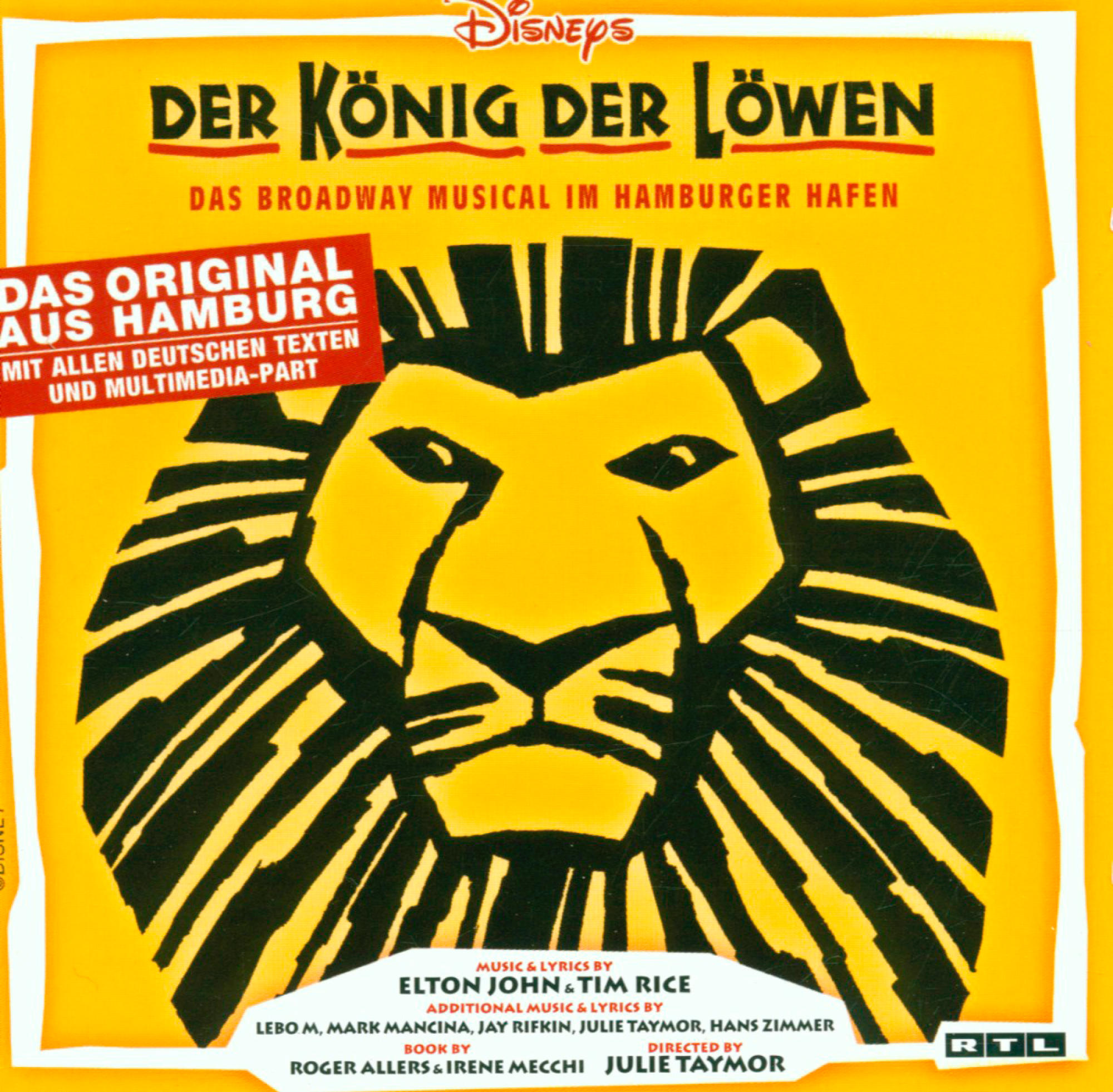Das Musical-Poster 'Der König der Löwen' in Gelb, mit Löwengesicht und Text.