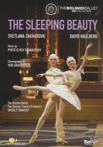 Ballettplakat mit zwei Tänzern in weißen Kostümen. Titel: Dornröschen. Künstler: Svetlana Zakharova, David Hallberg.