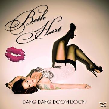Albumcover, Frau auf dem Boden mit High Heels, Kussmal, und den Worten Bang Bang Boom Boom.