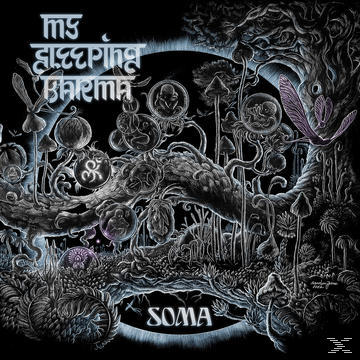 Albumcover, schwarzer Hintergrund mit einer Zeichnung von Pilzen, Bäumen und kosmischen Elementen.
