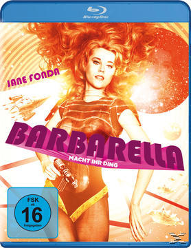 Blu-ray-Cover von 'Barbarella'. Jane Fonda in futuristischem Outfit mit einer Strahlenkanone. Orange-blauer Hintergrund.