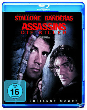 Filmcover: Sylvester Stallone und Antonio Banderas. Der Text lautet "Assassins". Blu-ray Disc-Logo.