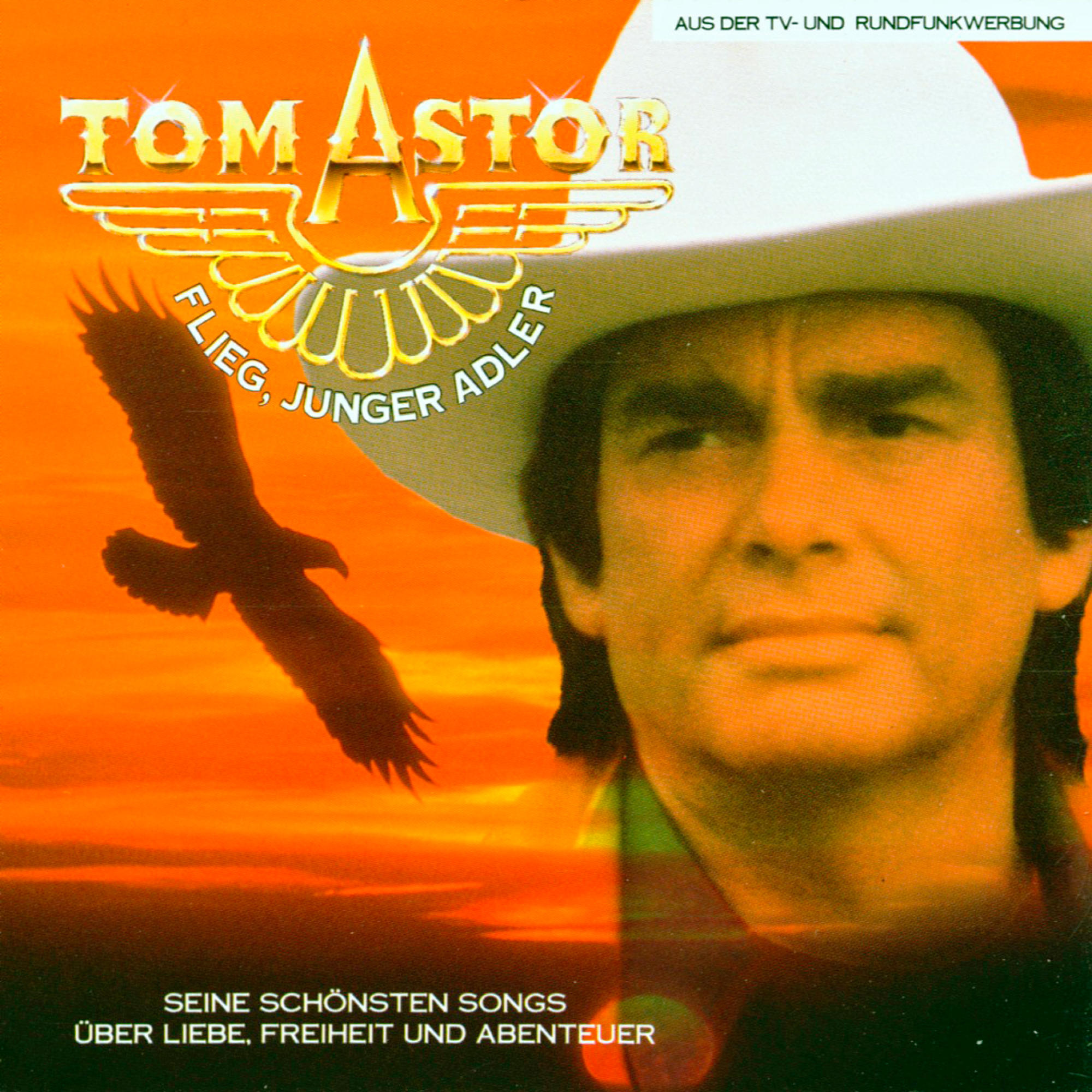Albumcover, Tom Astor, Mann mit Hut, Adlersilhouette, Sonnenuntergang.