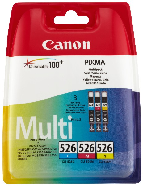 Canon Tintenpatronenverpackung. Multipack mit Cyan-, Magenta- und gelben Tintenpatronen.