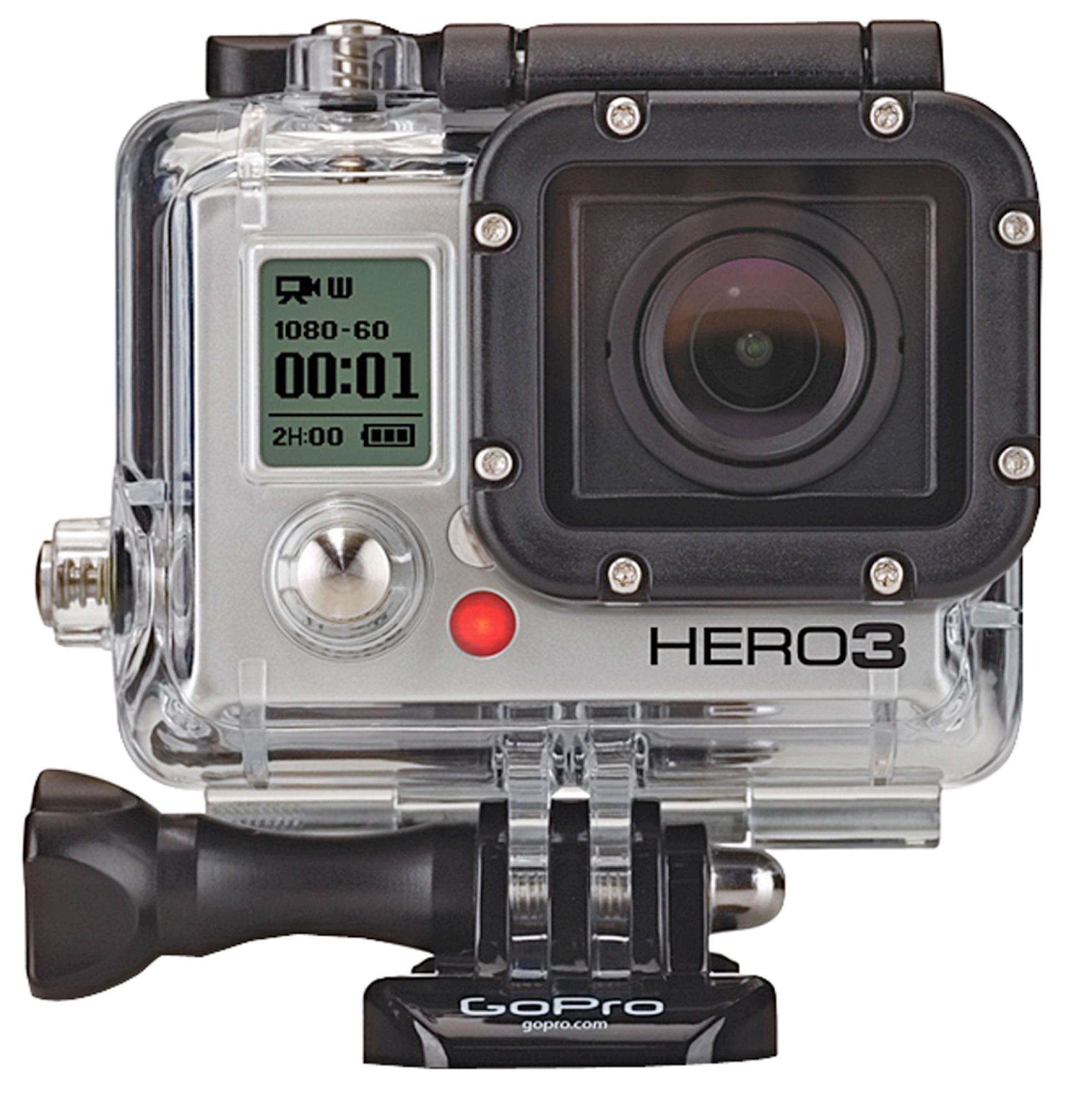 Cámara de acción GoPro Hero3 en carcasa impermeable transparente. Pantalla muestra ajustes.