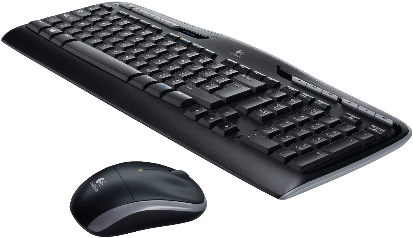 Ensemble clavier et souris noirs. Marque Logitech. Sans fil, avec touches numériques et de fonction.