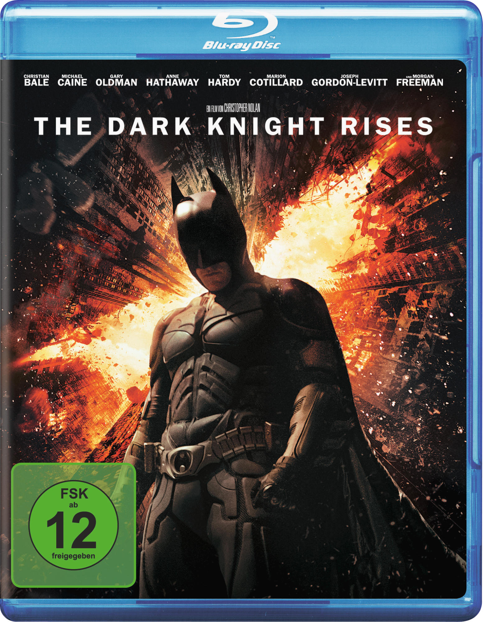 Blu-ray Disc-Cover für The Dark Knight Rises. Batman steht über einer brennenden Stadt.
