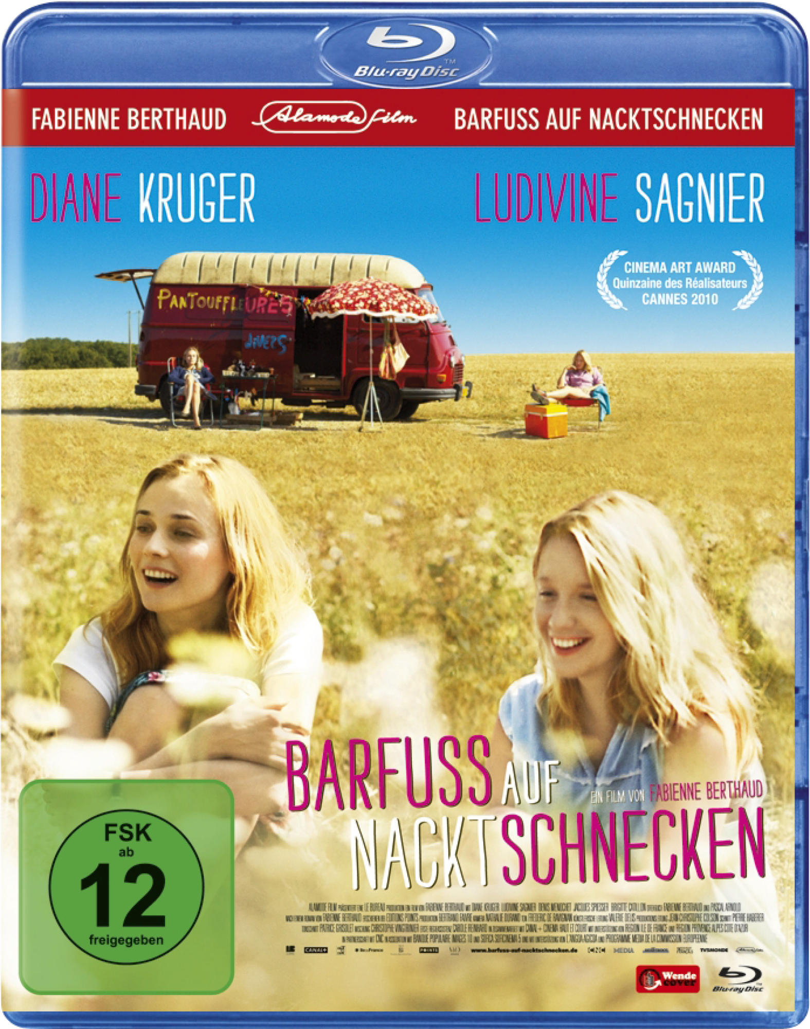 DVD-Cover mit zwei Frauen. Filmtitel 'Barfuss auf Nacktschnecken', mit Text und Logo.