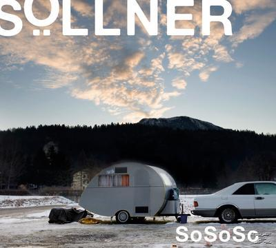 Albumcover mit Wohnwagen, Auto und Berg. Himmel hat Wolken.