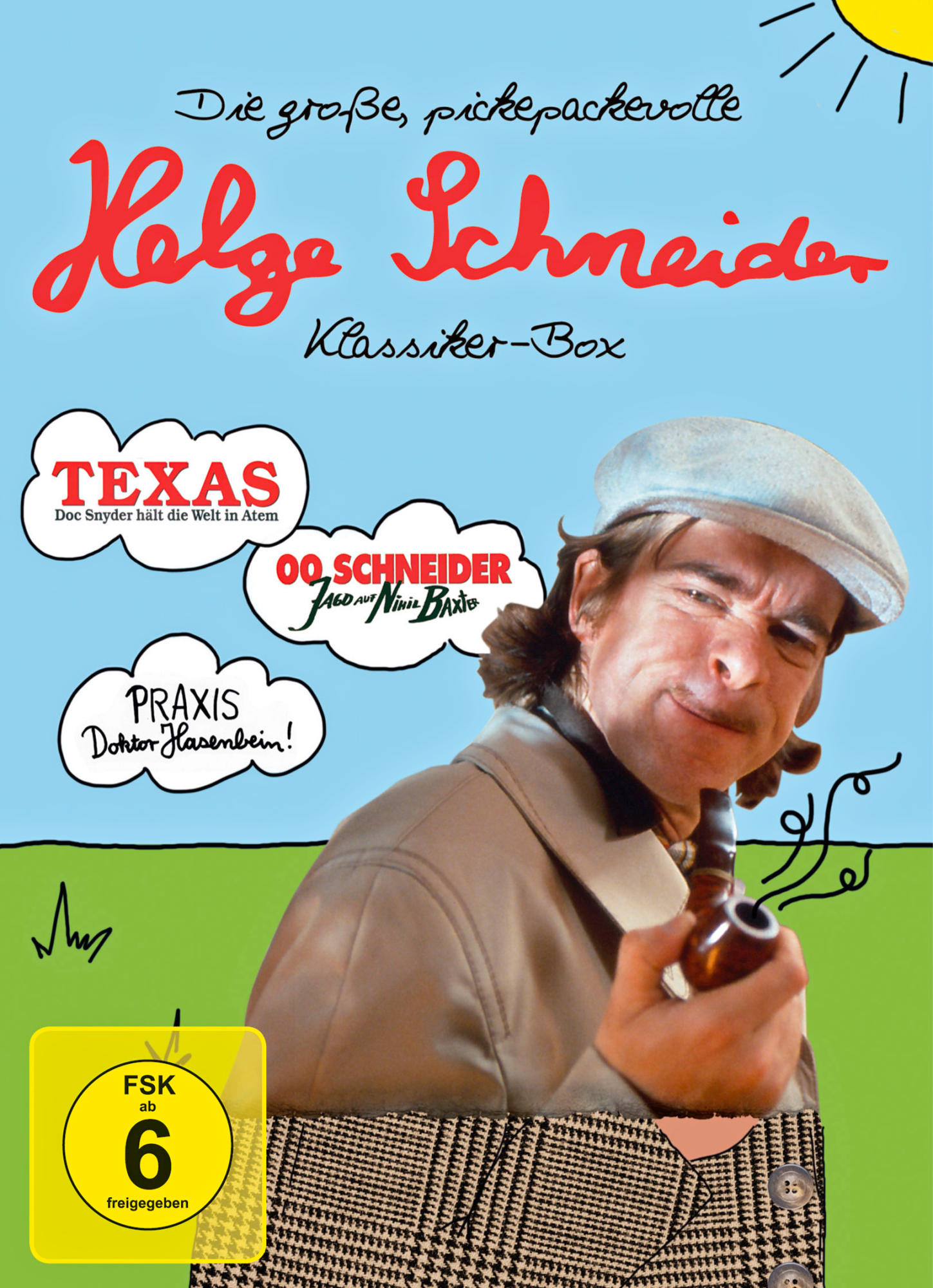 DVD-Cover von Helge Schneider. Mann raucht Pfeife, verschiedene Textblasen.