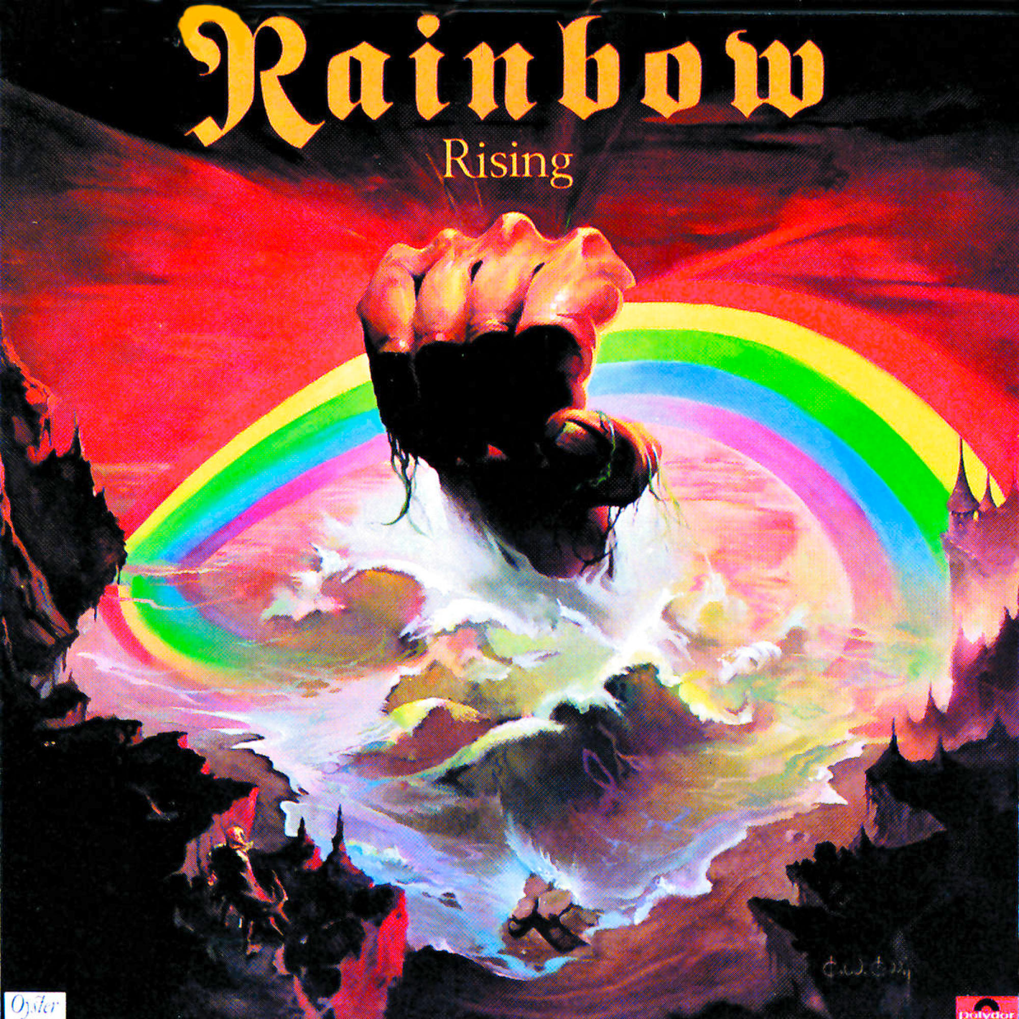 Albumcover mit Faust, die aus Wolken über Regenbogen ragt.
