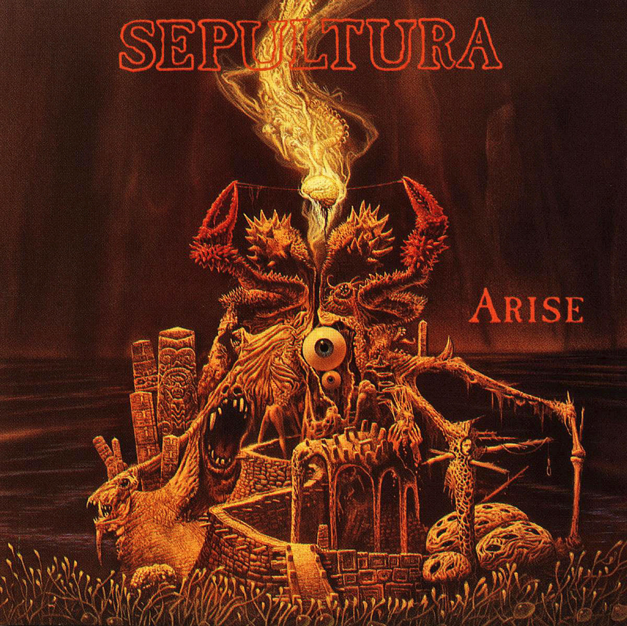 Albumcover: Sepultura 'Arise', feurige Darstellung mit monströser Kreatur und brennendem Auge.