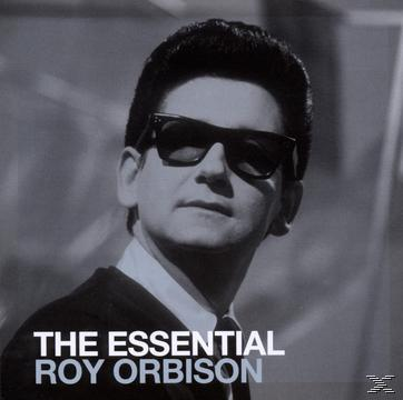 Roy Orbison Albumcover. Schwarz-Weiß-Foto von Roy Orbison. Text: The Essential Roy Orbison.