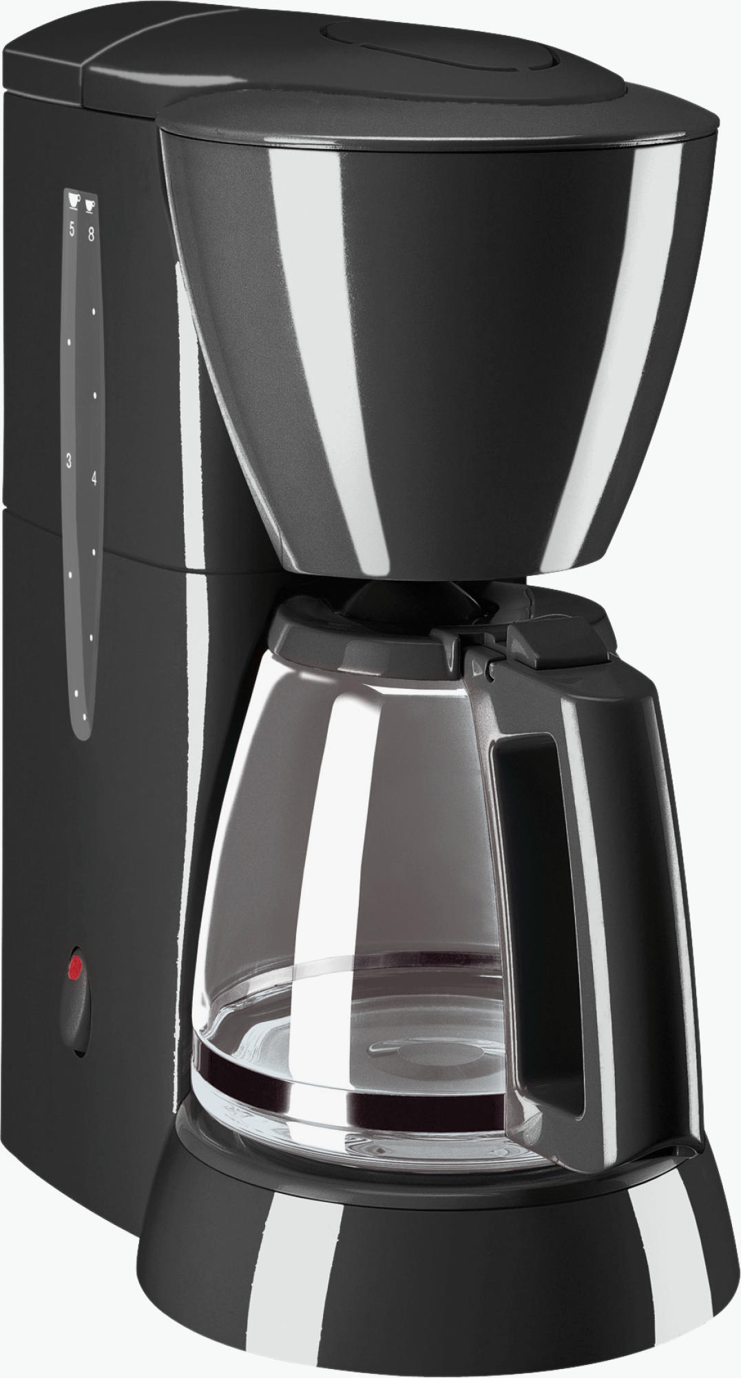 Schwarze Kaffeemaschine, Glaskanne, mit Wasserstandsanzeigen. Roter Power-Knopf an der Seite.