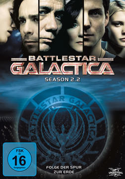 DVD-Cover mit Gesichtern und Text für 'Battlestar Galactica: Staffel 2.2'.
