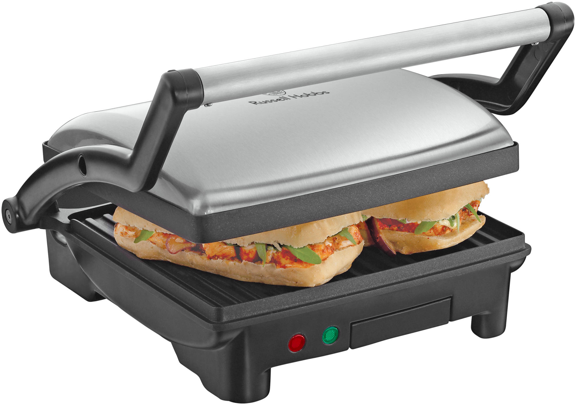 İçinde iki sandviç bulunan bir Russell Hobbs sandviç makinesi. Makine gümüş ve siyahtır.
