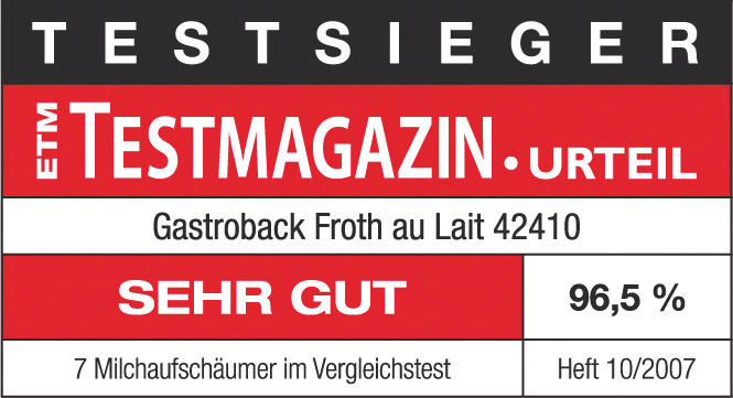 Ein rot-weißes Etikett mit Text über ein Produkt, mit 'Testmagazin' und 'Sehr Gut'.