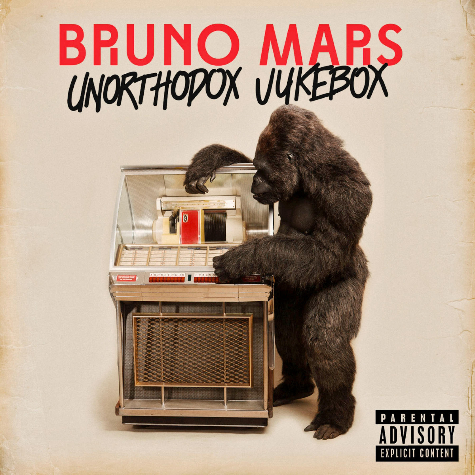 Bruno Mars Albumcover: Ein Gorilla vor einer Jukebox, mit roten und braunen Tönen.