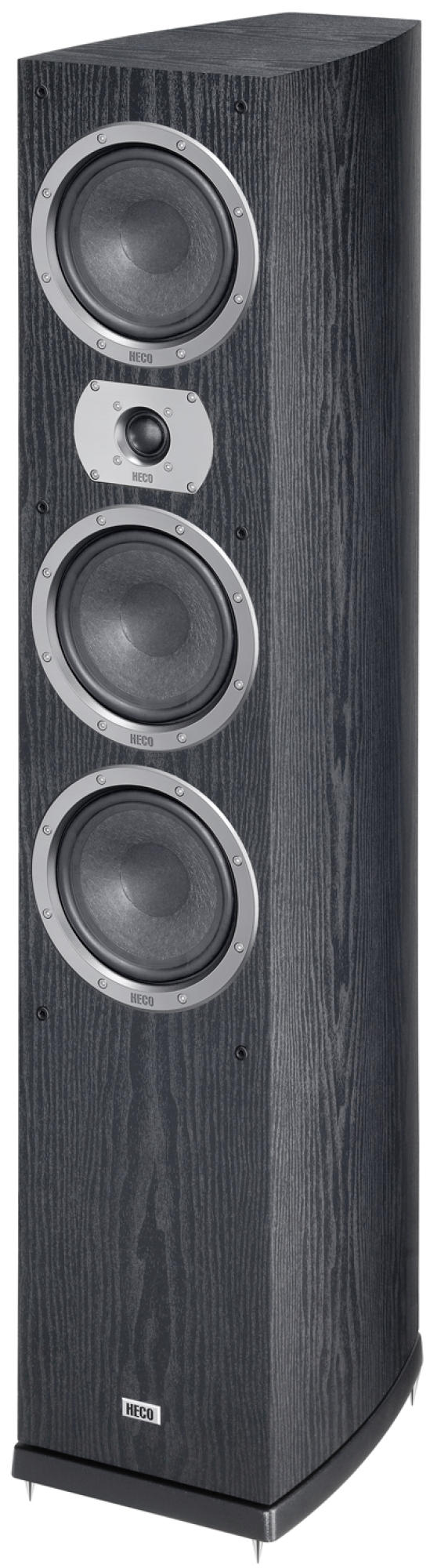 Altoparlante alto in legno nero. Ha tre altoparlanti argentati. Il marchio HECO è in basso.