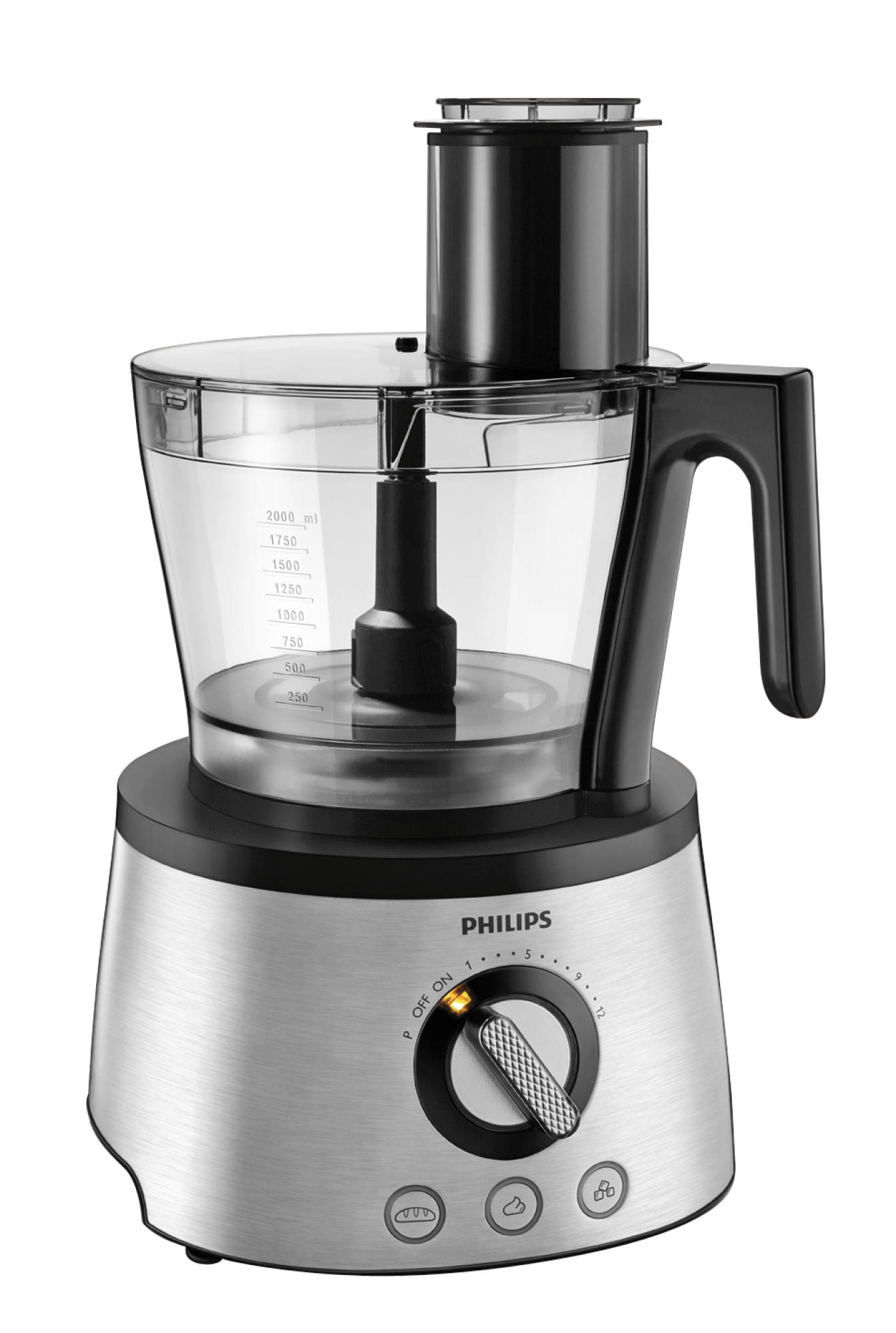 Ezüst és fekete Philips konyhai robotgép. A vezérlőpanel és a fedél látható.