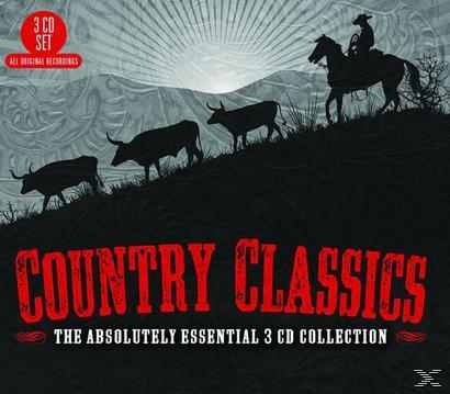 Silhouette eines Cowboys auf einem Pferd, Kühe gehen bergauf, und Text "Country Classics".