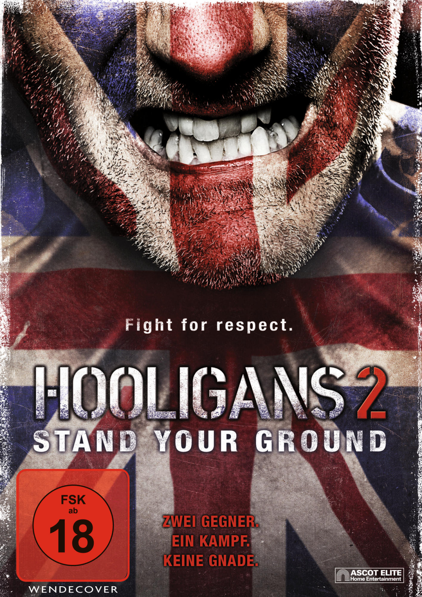 Filmplakat: Gesicht mit Union Jack-Farbe, Titel 'Hooligans 2'. Hat FSK 18-Rating.