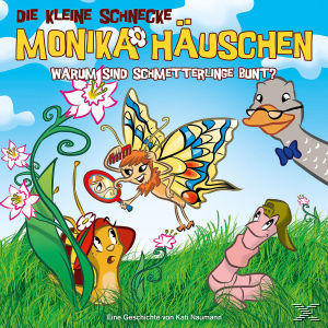 Kinderbuchcover: Cartoon-Schmetterling. Charaktere: Schnecke, Wurm, Gans. Grüner Gras-Hintergrund.