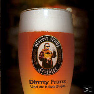 Bierglas mit Logo. Das Bier ist hell bernsteinfarben mit weißem Schaumkopf. Dunkler Hintergrund.
