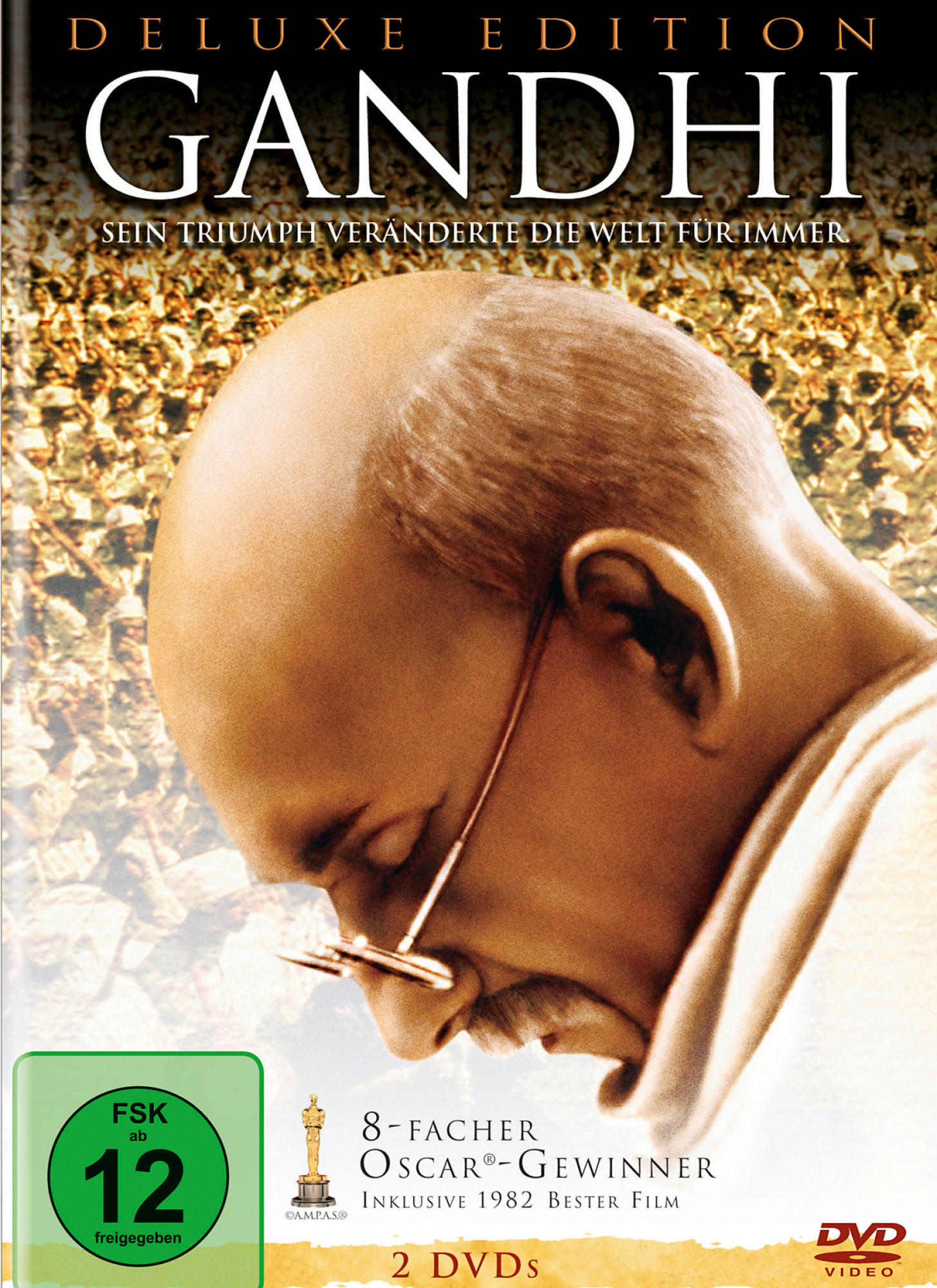 DVD-Cover, 'Gandhi'. Zeigt eine Nahaufnahme von Gandhis Gesicht, Text über seine Wirkung und Auszeichnungen.