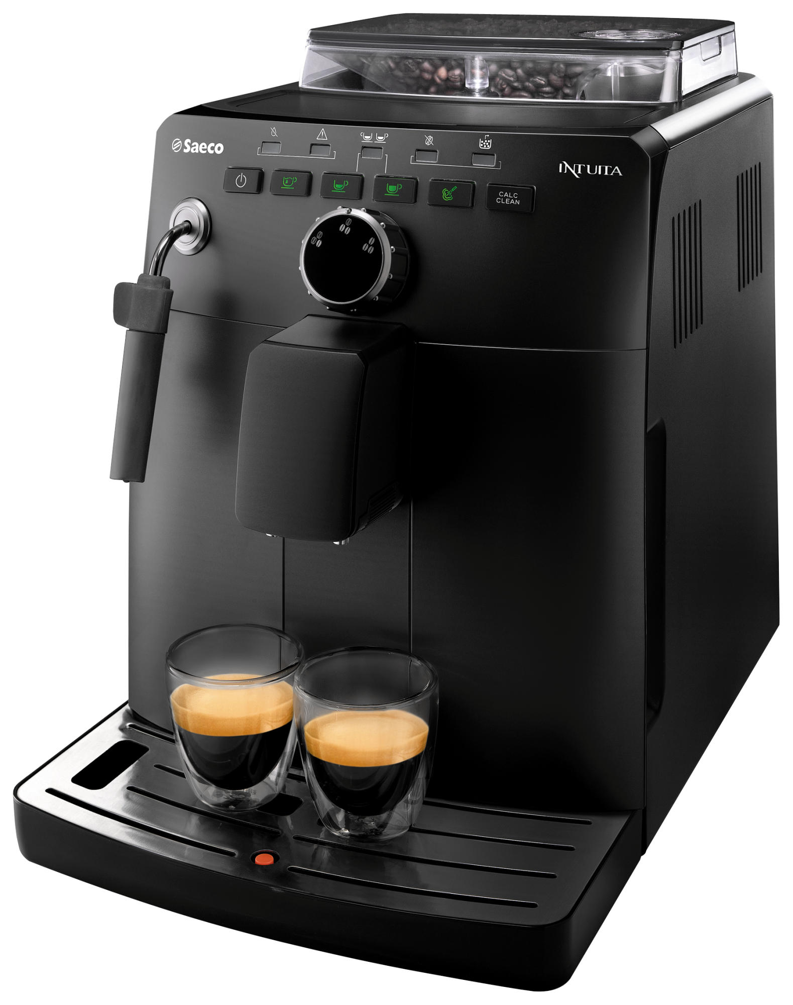 Cafetera Saeco Intuitia negra con dos tazas de vidrio llenas de espresso.