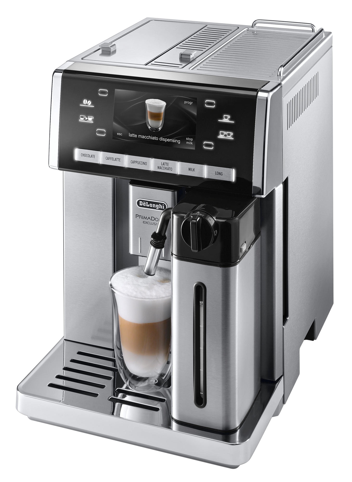 DeLonghi PrimaDonna Kaffeemaschine, silber. Glas mit Latte. Kaffee ausgeben. Schwarz und Silber. Weißer Hintergrund.