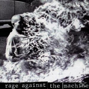 Rage Against the Machine Albumcover. Ein Mann in Flammen. Text 'rage against the machine'.