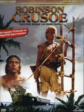 DVD-Cover für Robinson Crusoe. Zwei Männer in Kostümen mit einem Schiff im Hintergrund.