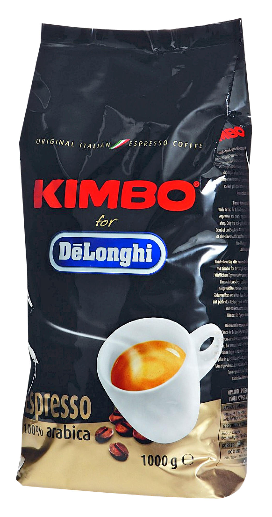 Paquet de café espresso Kimbo pour DeLonghi, avec tasse d'espresso et grains de café.